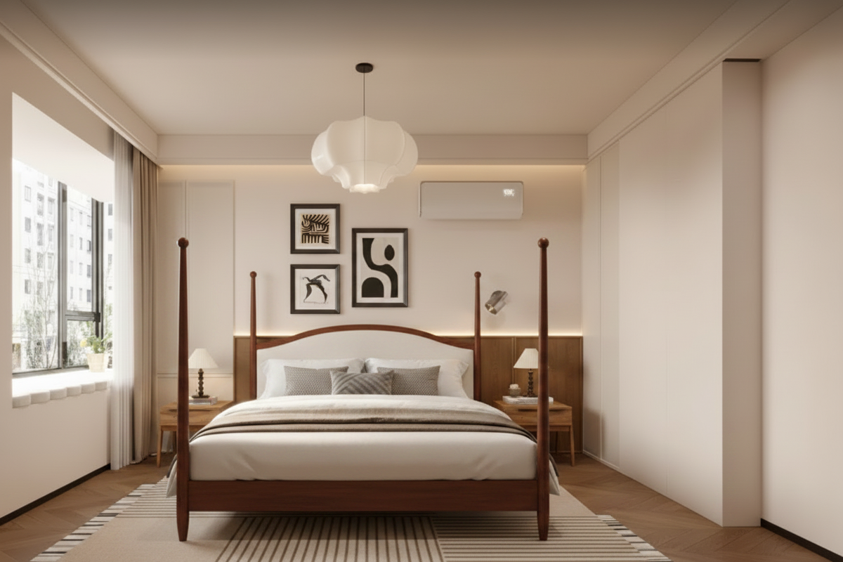 Modern Bedroom with Four-Poster Ball-Top Bed
