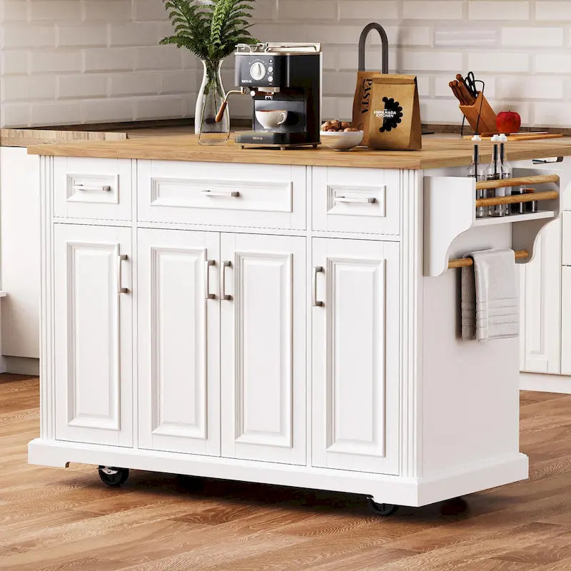 Grand îlot de cuisine de 54 pouces avec abattant en bois d'hévéa (tabouret non inclus)