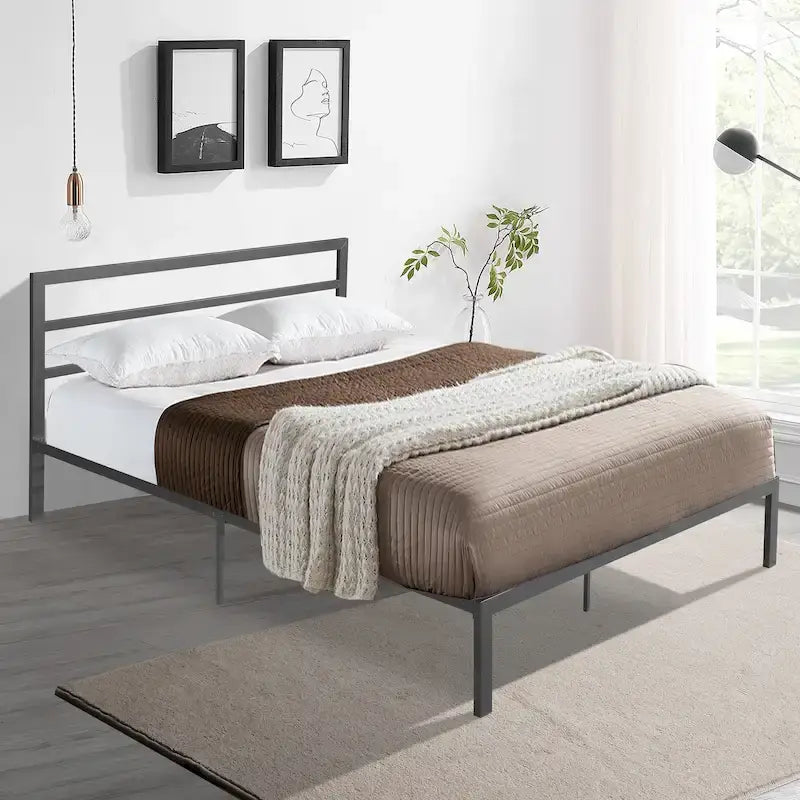 Lit plateforme queen size en acier robuste de style moderne avec tête de lit pour chambre à coucher