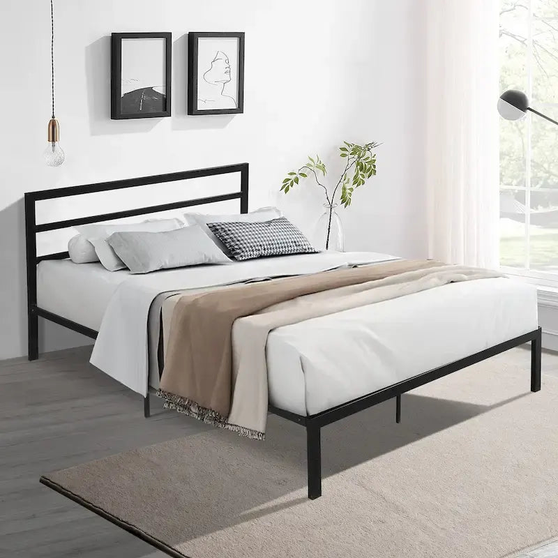 Lit plateforme queen size en acier robuste de style moderne avec tête de lit pour chambre à coucher