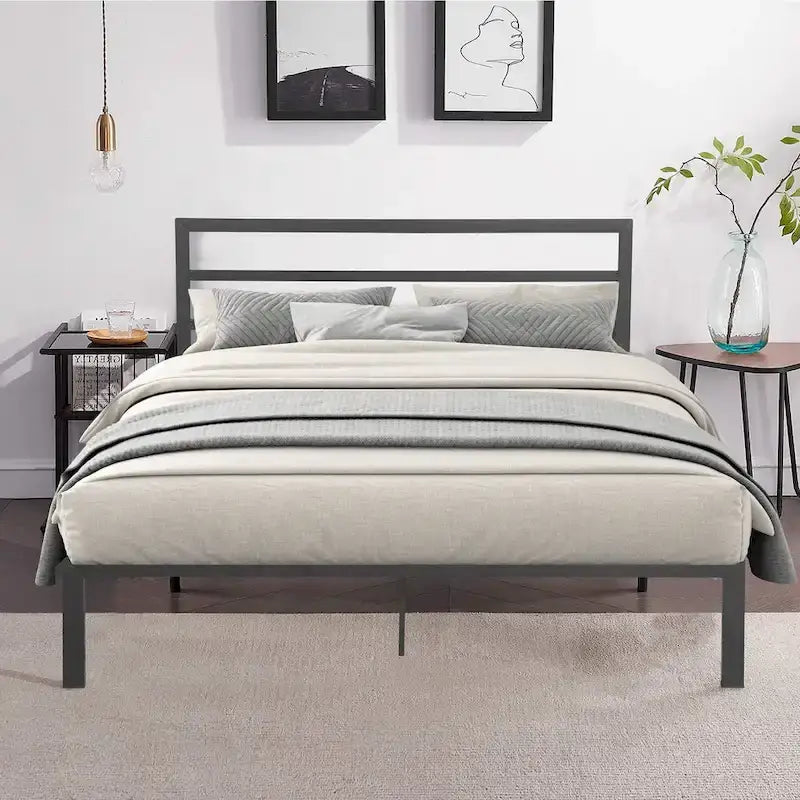 Lit plateforme queen size en acier robuste de style moderne avec tête de lit pour chambre à coucher