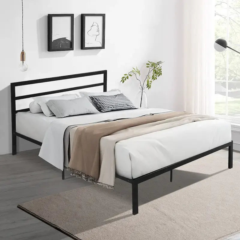 Lit plateforme queen size en acier robuste de style moderne avec tête de lit pour chambre à coucher