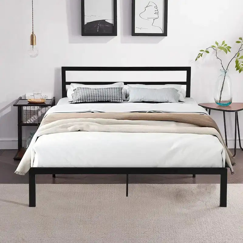 Lit plateforme queen size en acier robuste de style moderne avec tête de lit pour chambre à coucher