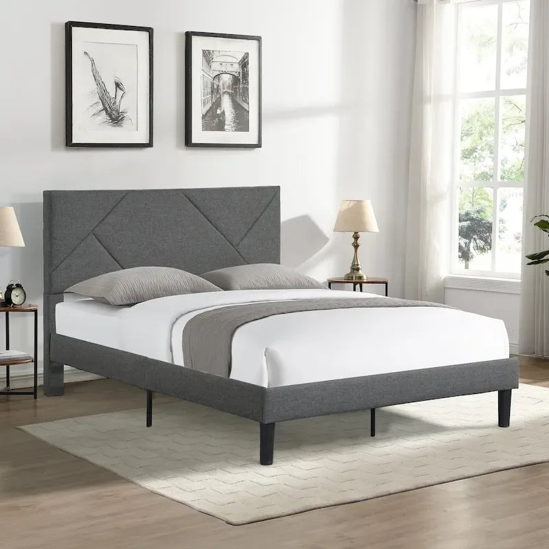 Lit plateforme tapissé Queen Size avec support à lattes en bois pour chambre à coucher