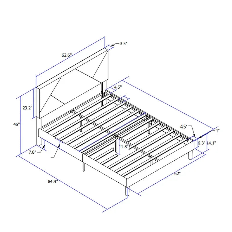 Lit plateforme tapissé Queen Size avec support à lattes en bois pour chambre à coucher