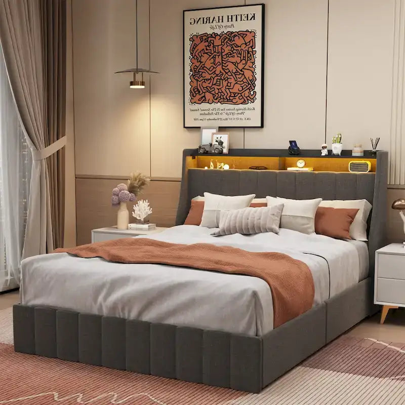 Platform Bed with LED and Storage Drawers