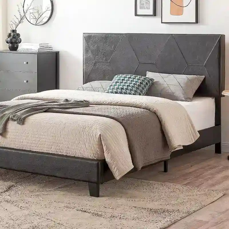 Lit plateforme Queen Size capitonné en PU noir avec support à lattes
