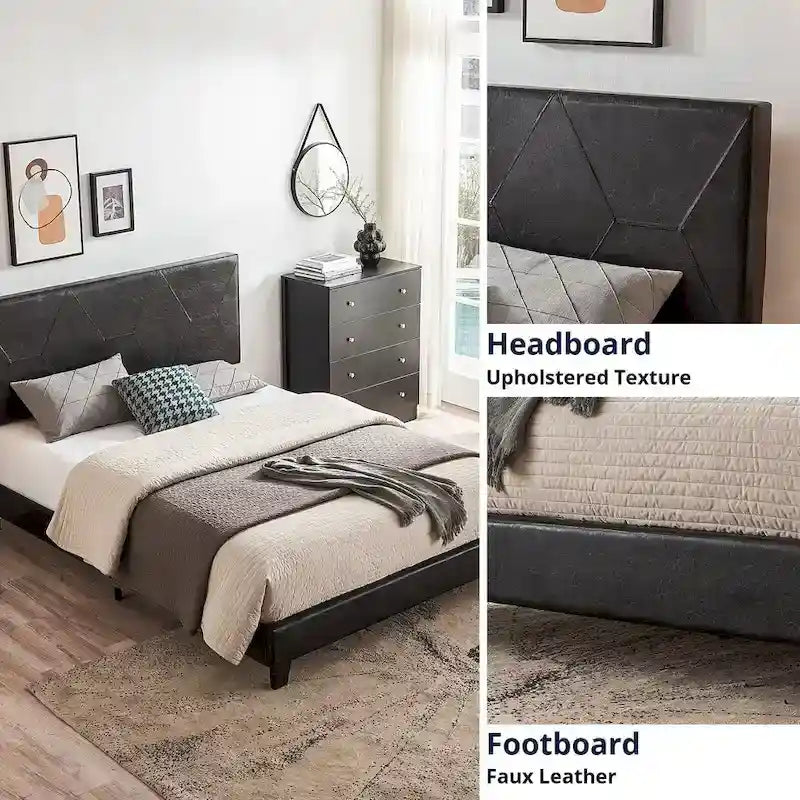 Lit plateforme Queen Size capitonné en PU noir avec support à lattes