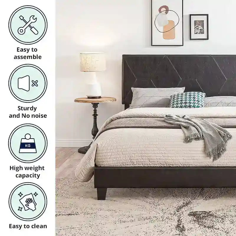 Lit plateforme Queen Size capitonné en PU noir avec support à lattes