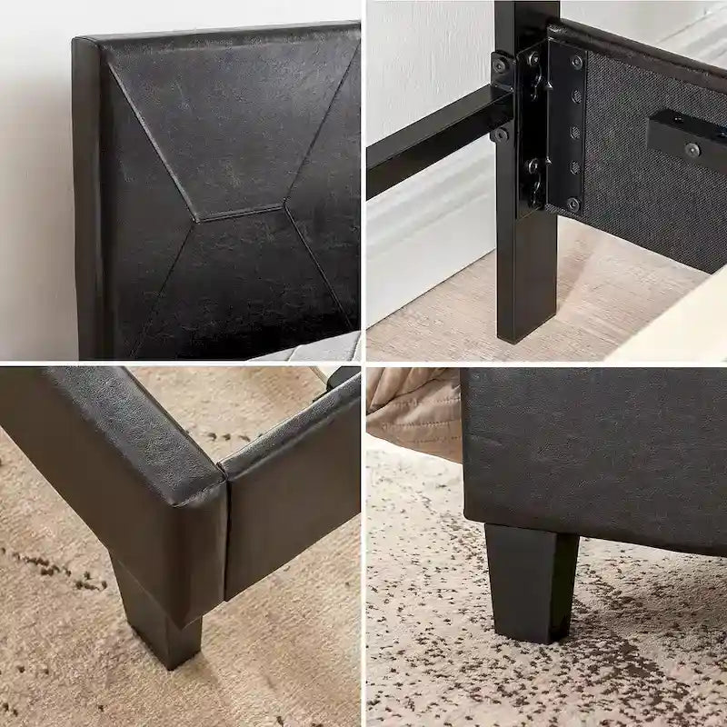 Lit plateforme Queen Size capitonné en PU noir avec support à lattes