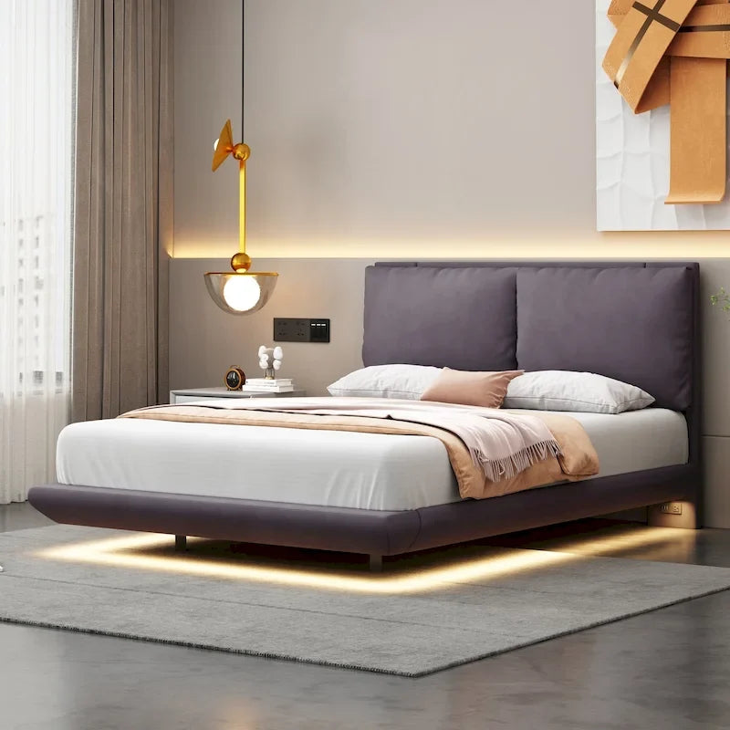 Lit plateforme flottant en velours avec lumière à détecteur