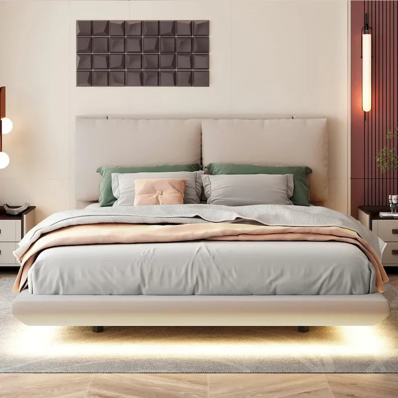 Lit plateforme flottant en velours avec lumière à détecteur