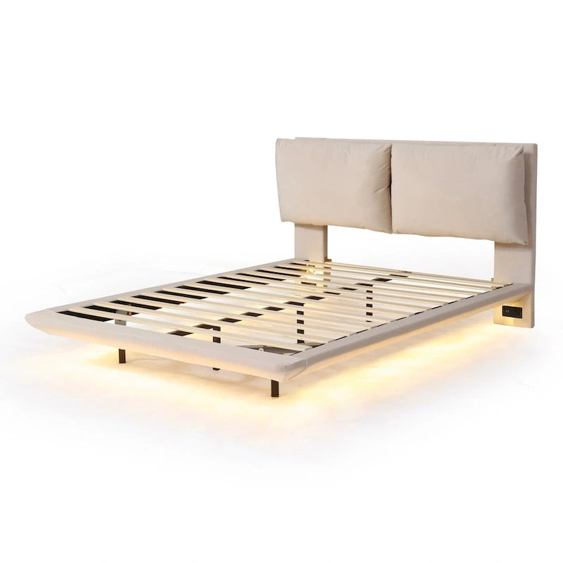 Lit plateforme flottant en velours avec lumière à détecteur