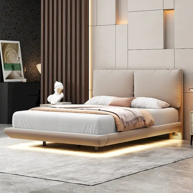 Lit plateforme flottant en velours avec lumière à détecteur
