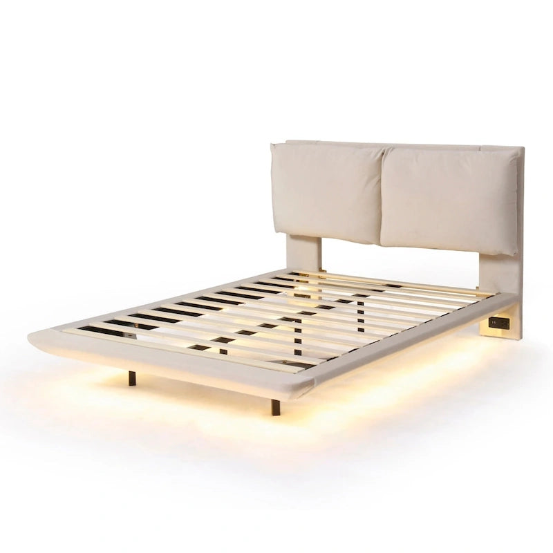 Lit plateforme flottant en velours avec lumière à détecteur