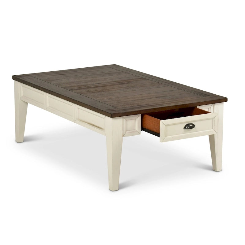 Table basse moderne avec étagère de rangement ouverte, structure en bois et métal pour salon
