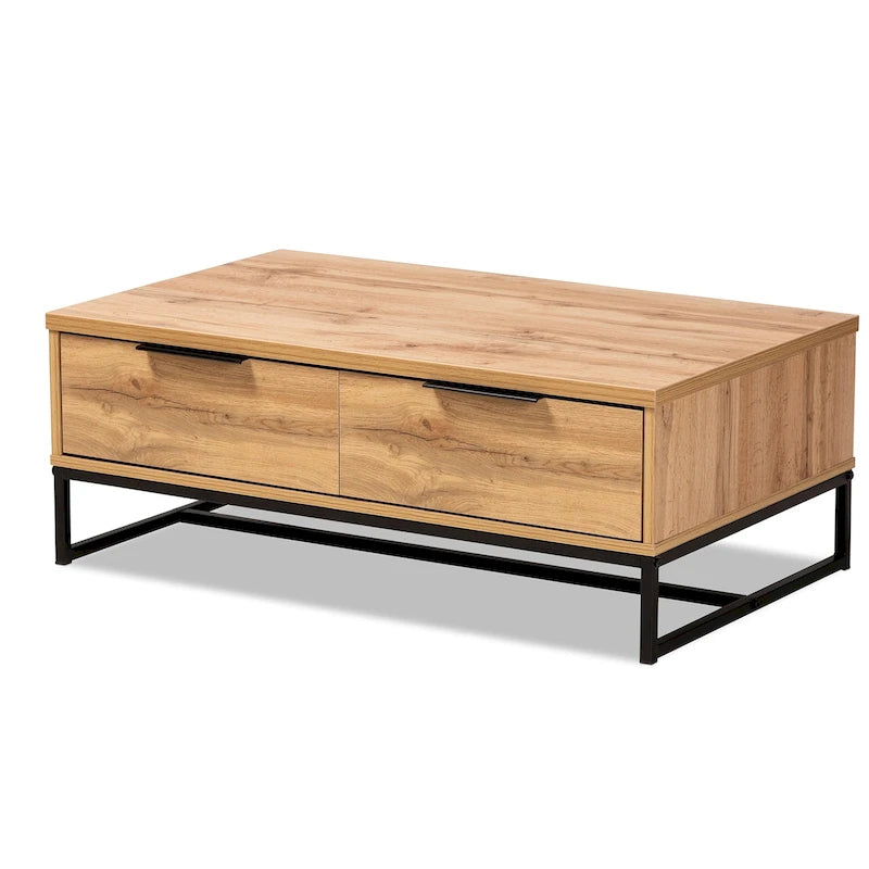 Table basse à 2 tiroirs en bois chêne marron et métal noir