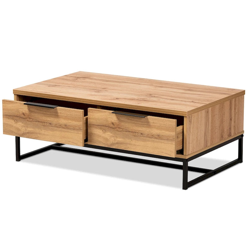 Table basse à 2 tiroirs en bois chêne marron et métal noir