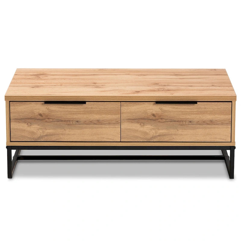 Table basse à 2 tiroirs en bois chêne marron et métal noir