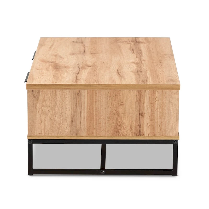 Table basse à 2 tiroirs en bois chêne marron et métal noir