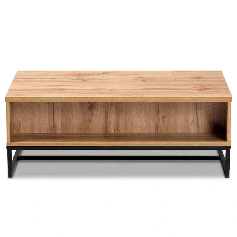 Table basse à 2 tiroirs en bois chêne marron et métal noir