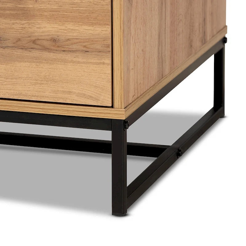 Table basse à 2 tiroirs en bois chêne marron et métal noir