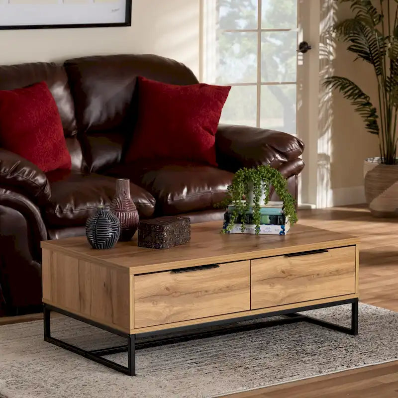 Table basse à 2 tiroirs en bois chêne marron et métal noir
