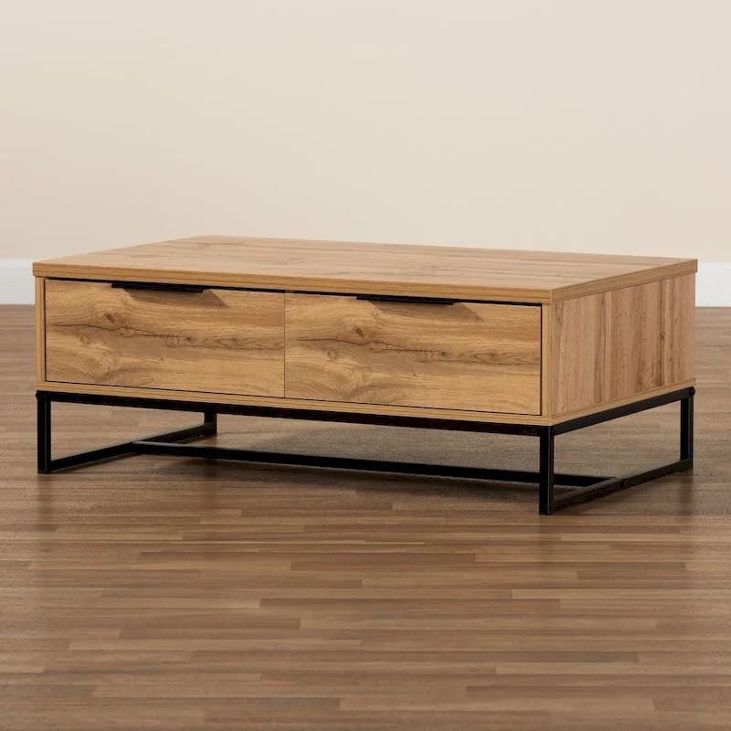 Table basse à 2 tiroirs en bois chêne marron et métal noir