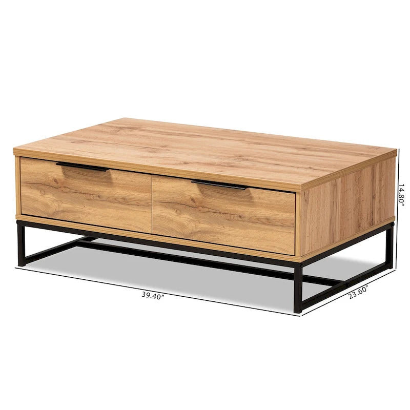 Table basse à 2 tiroirs en bois chêne marron et métal noir