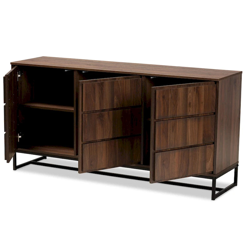 Buffet trois portes en bois brun et métal noir