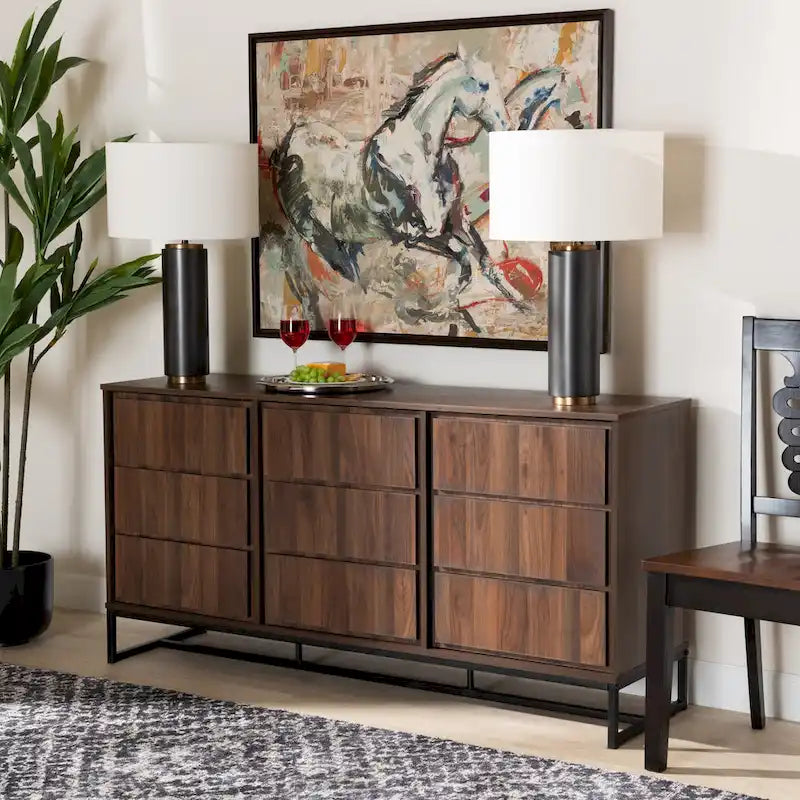 Buffet trois portes en bois brun et métal noir