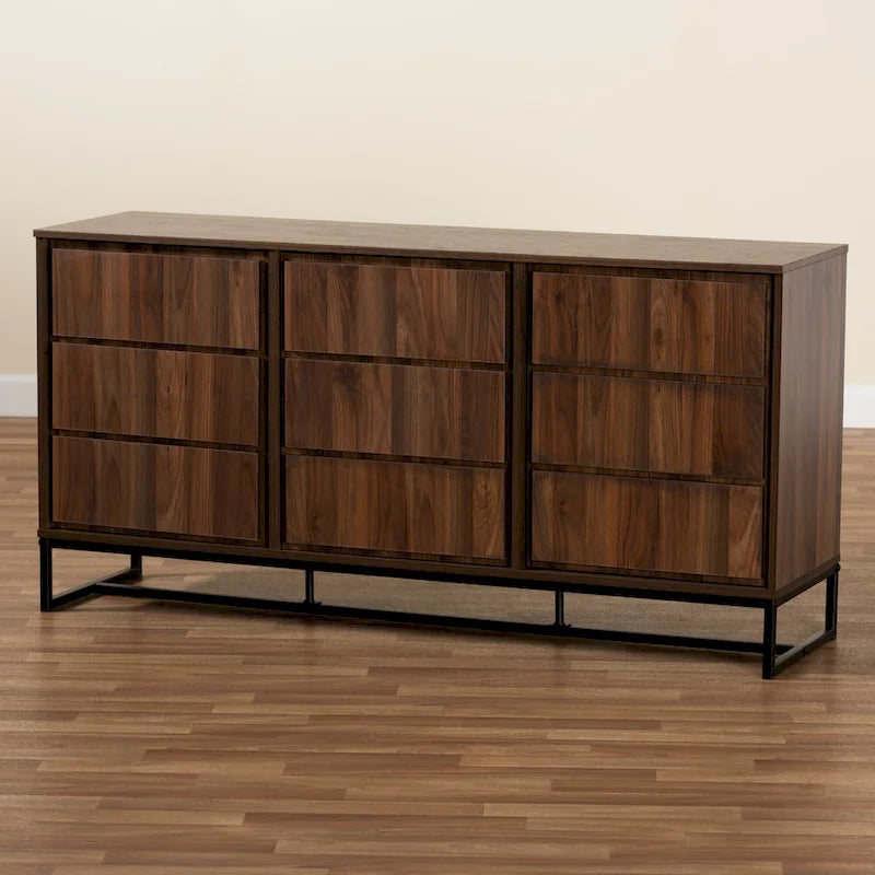 Buffet trois portes en bois brun et métal noir