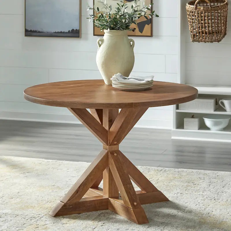 Table de salle à manger rustique sur pied en hévéa avec base en croix, 4 places – Fini bois flotté