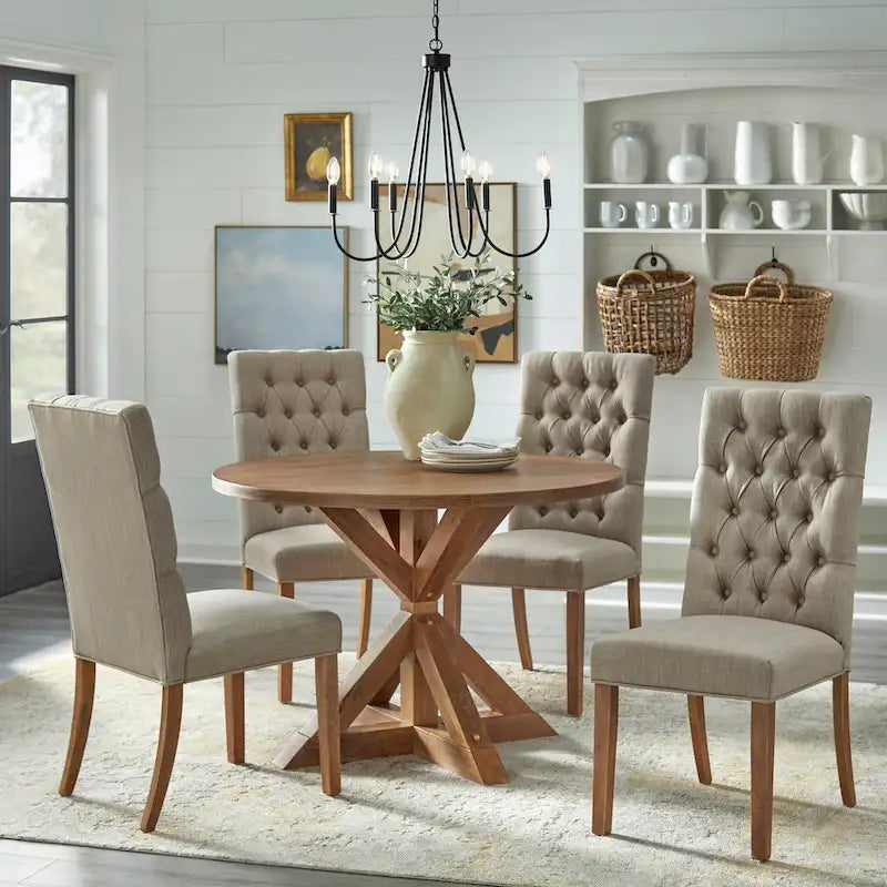 Table de salle à manger rustique sur pied en hévéa avec base en croix, 4 places – Fini bois flotté