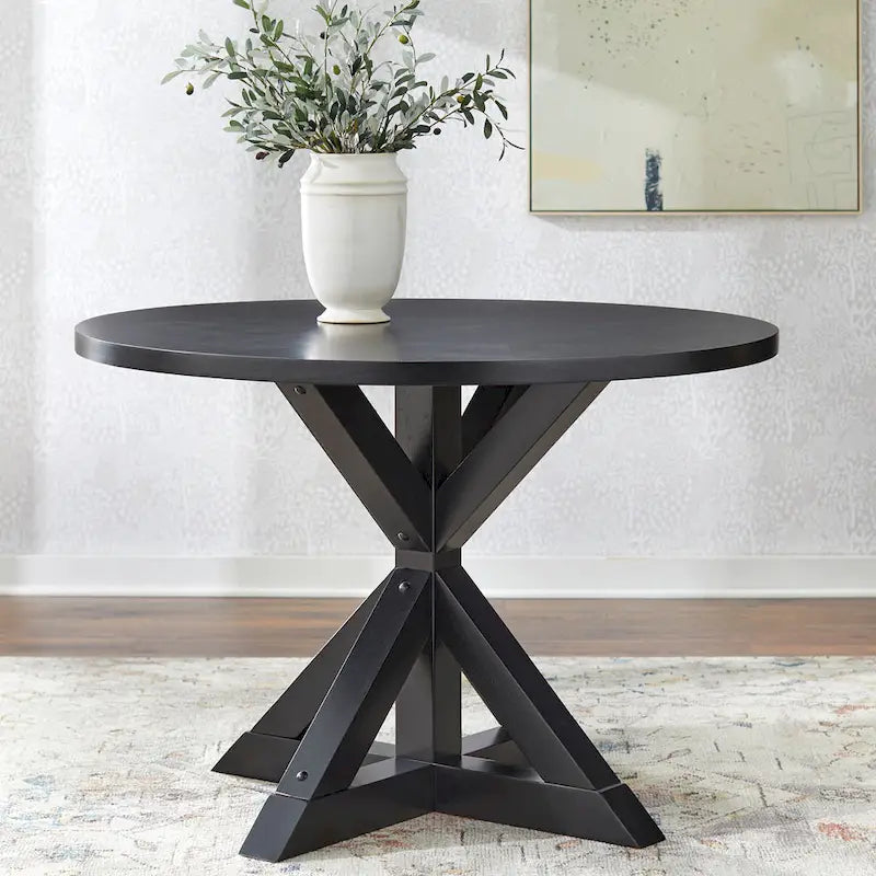 Table de salle à manger rustique sur pied en hévéa avec base en croix, 4 places – Fini bois flotté