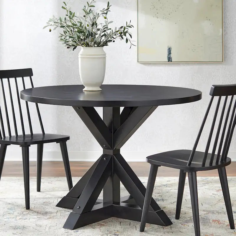 Table de salle à manger rustique sur pied en hévéa avec base en croix, 4 places – Fini bois flotté