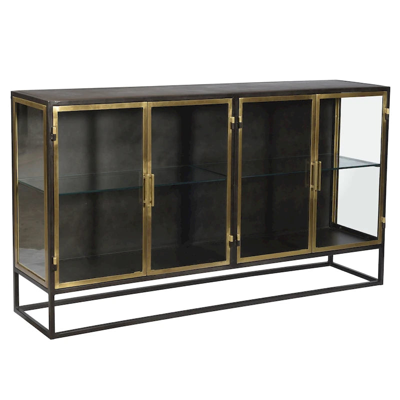 Buffet à 4 portes en fer et verre finition bronze et laiton 72 po