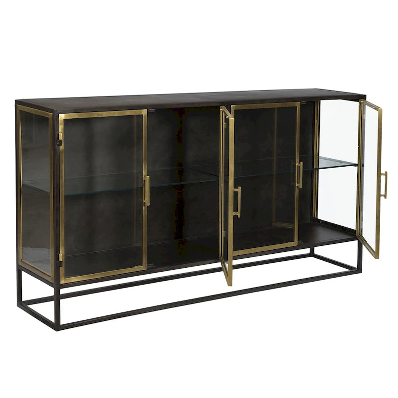 Buffet à 4 portes en fer et verre finition bronze et laiton 72 po