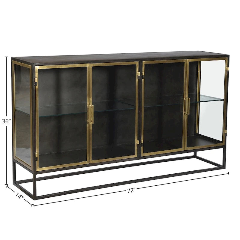 Buffet à 4 portes en fer et verre finition bronze et laiton 72 po