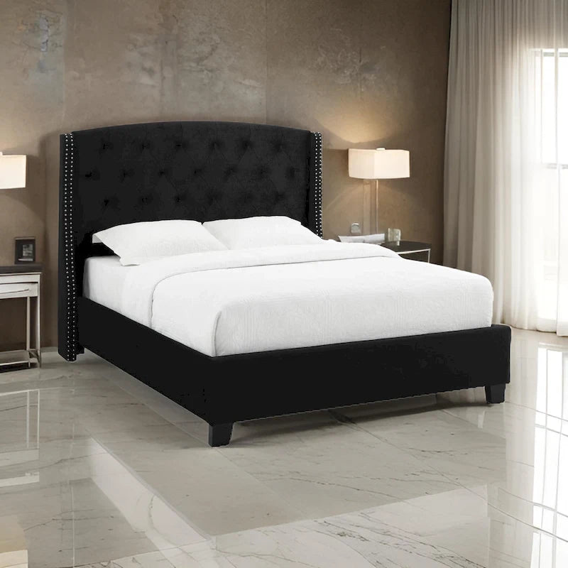 Elle Queen Size Bed, Low Profile, Black Button Tufted Upholstered Headboard