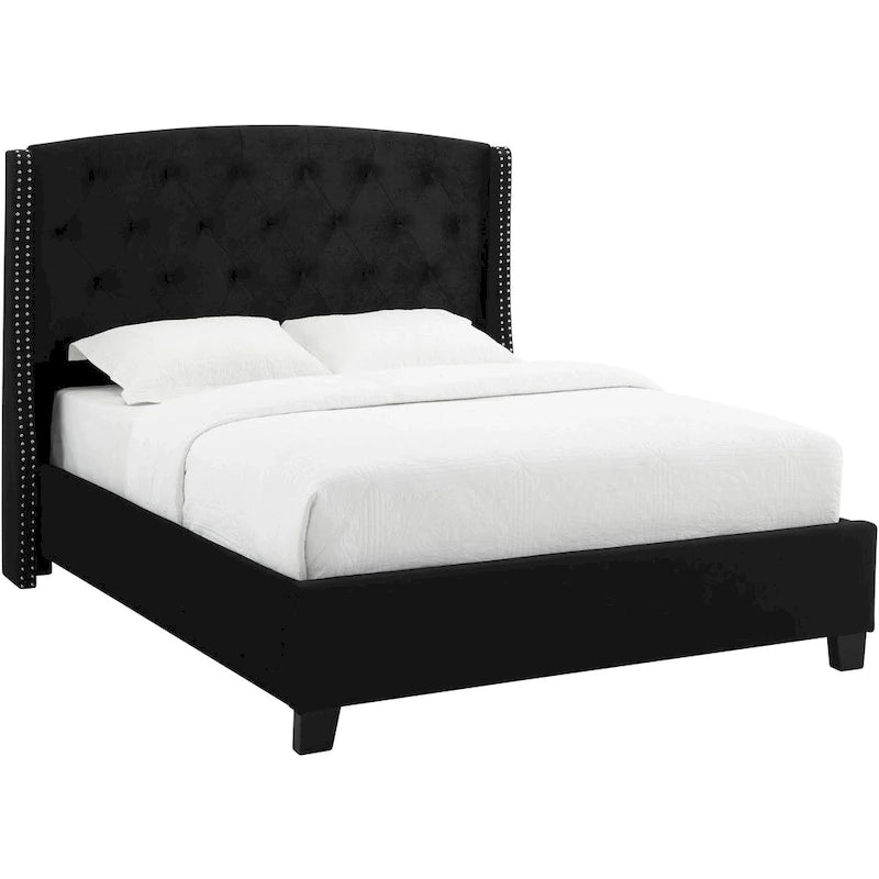 Lit queen size, profil bas, tête de lit capitonnée noire
