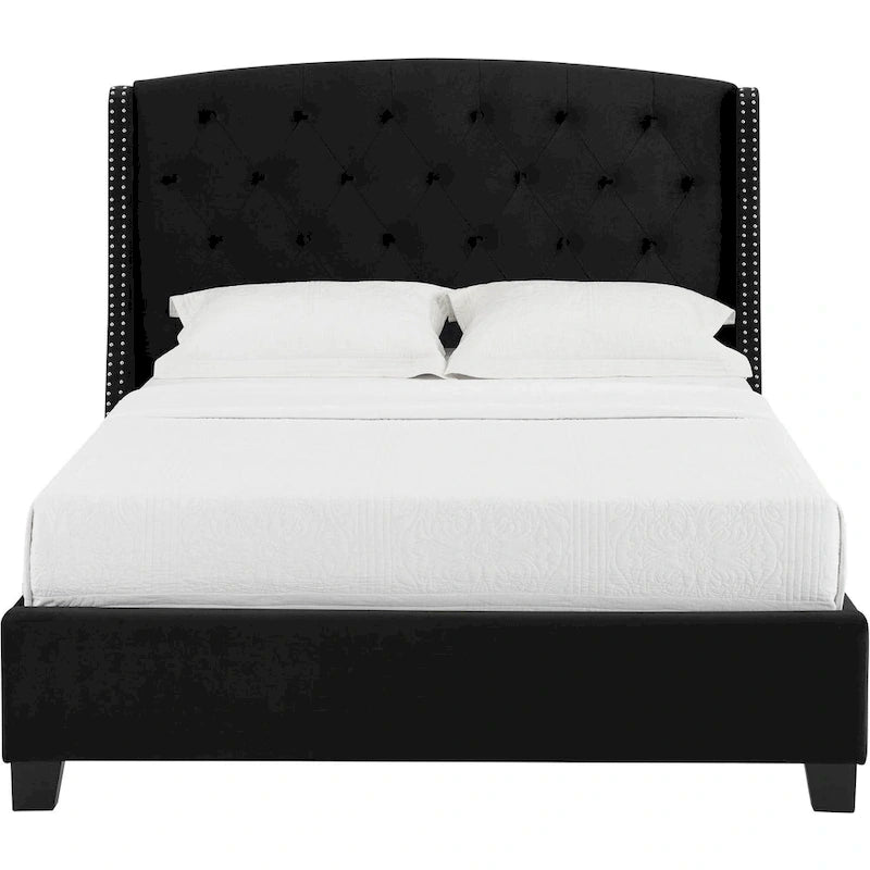 Lit queen size, profil bas, tête de lit capitonnée noire