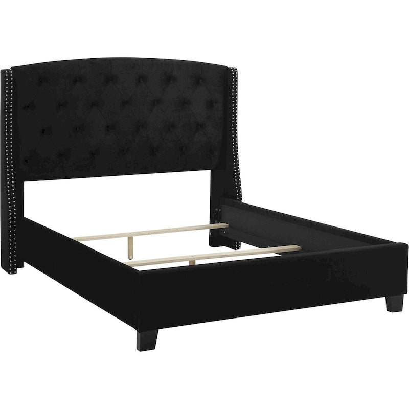Lit queen size, profil bas, tête de lit capitonnée noire