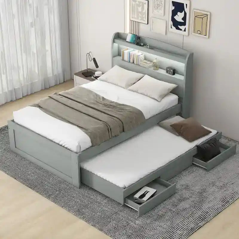 Lit plateforme Twin XL avec rangement et tête de lit LED, station de charge, lit gigogne simple et 2 tiroirs