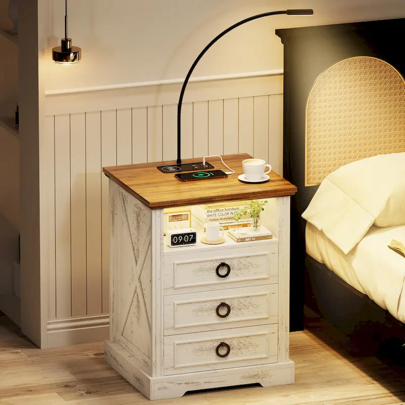 Table de chevet à 3 tiroirs avec LED et liseuse