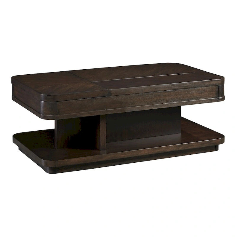Table basse rectangulaire à double plateau relevable de 122 cm avec étagère de rangement et roulettes – Acajou chocolat