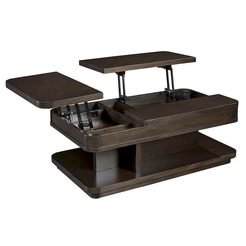 Table basse rectangulaire à double plateau relevable de 122 cm avec étagère de rangement et roulettes – Acajou chocolat
