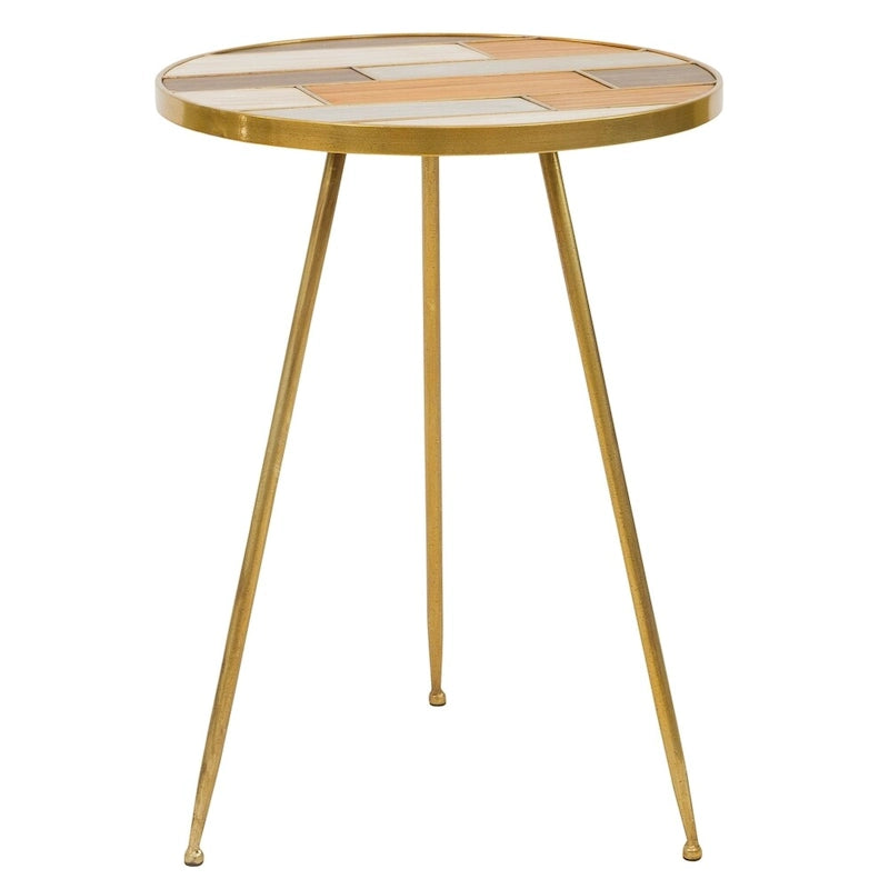 Table d'appoint ronde en bois avec finition en laiton antique et trois pieds robustes – 56 cm