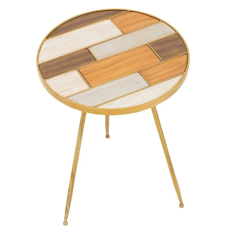 Table d'appoint ronde en bois avec finition en laiton antique et trois pieds robustes – 56 cm
