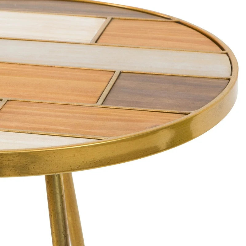 Table d'appoint ronde en bois avec finition en laiton antique et trois pieds robustes – 56 cm